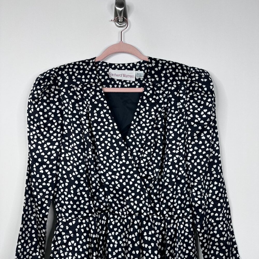 Vintage Heart Print Tiered Dress 10 V-Neck Black Valentine's Galentine's #A1041 - Picture 3 of 9